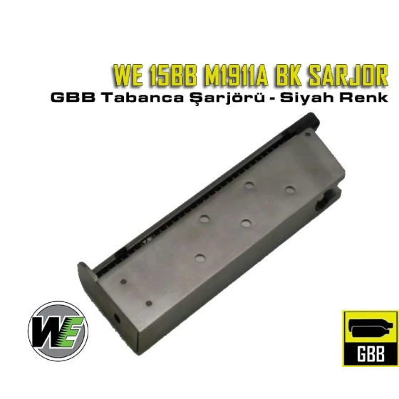 WE Colt 1911 15BB Siyah Metal GBB Airsoft Tabanca Şarjörü